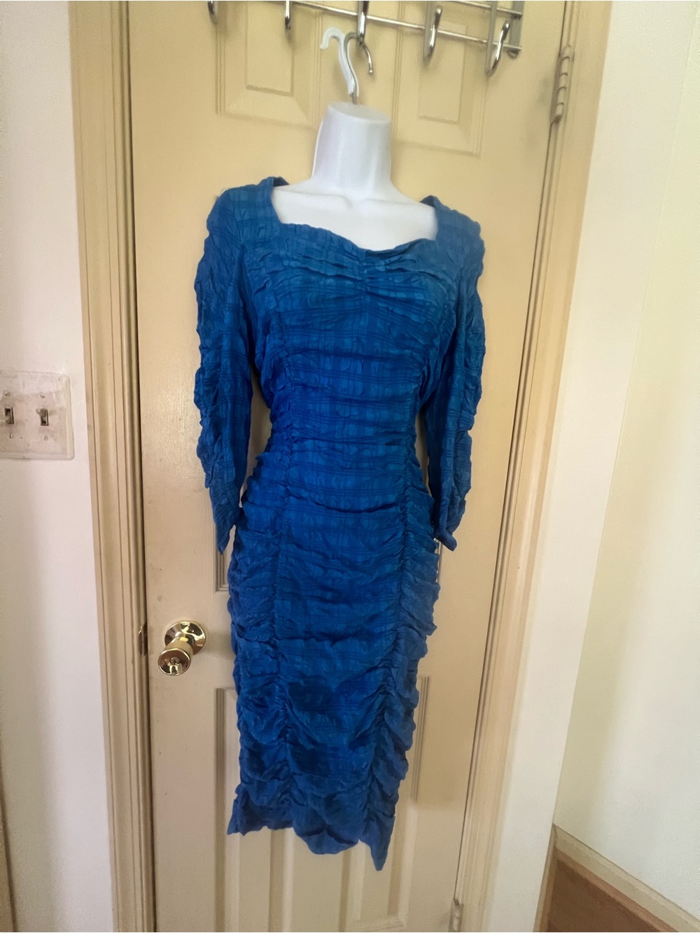 Zara Blue Ruched Long Sleeve Midi Dress